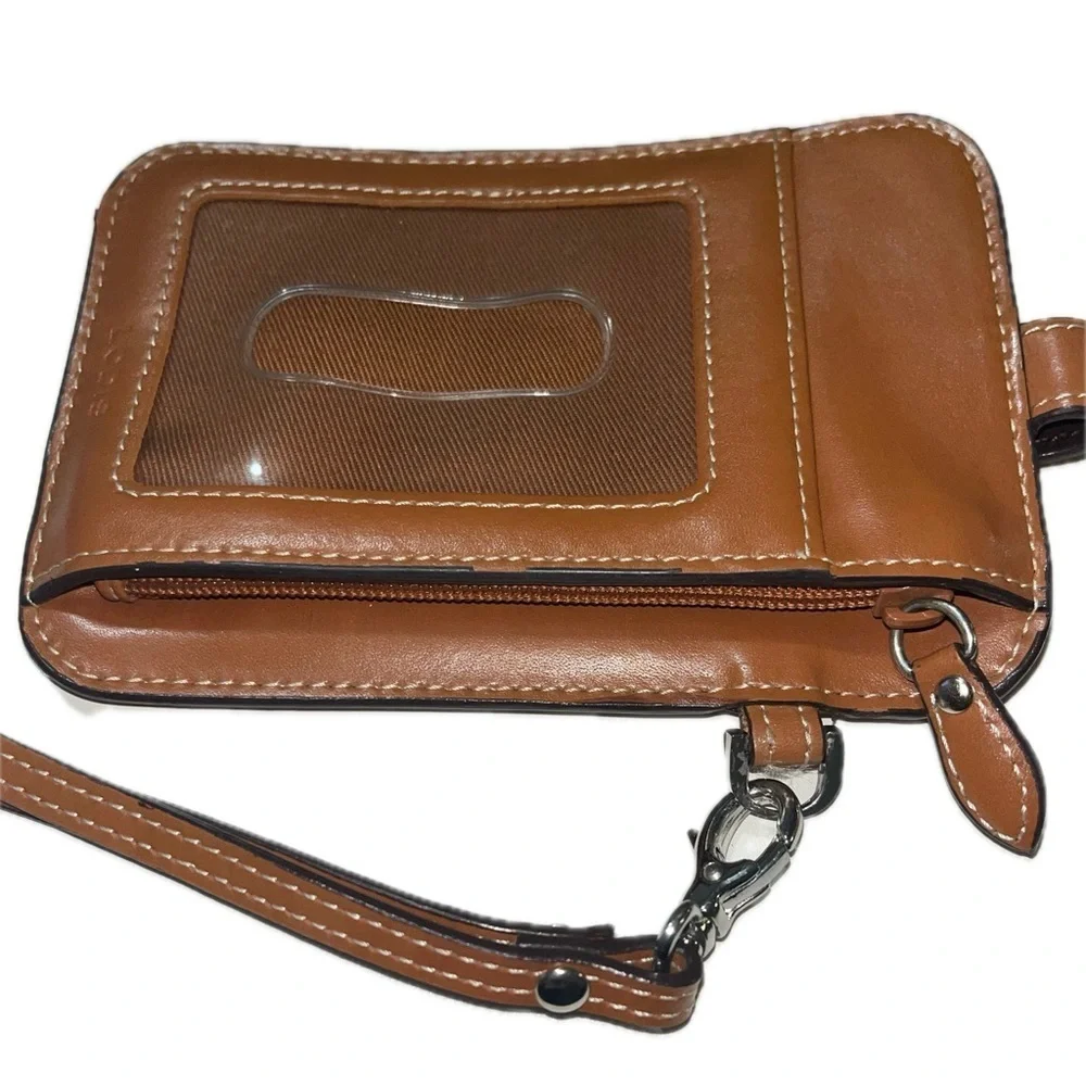 Lodis Tan Leather Small Wallet w/Clear ID slot, wristlet strap, and coin pouch